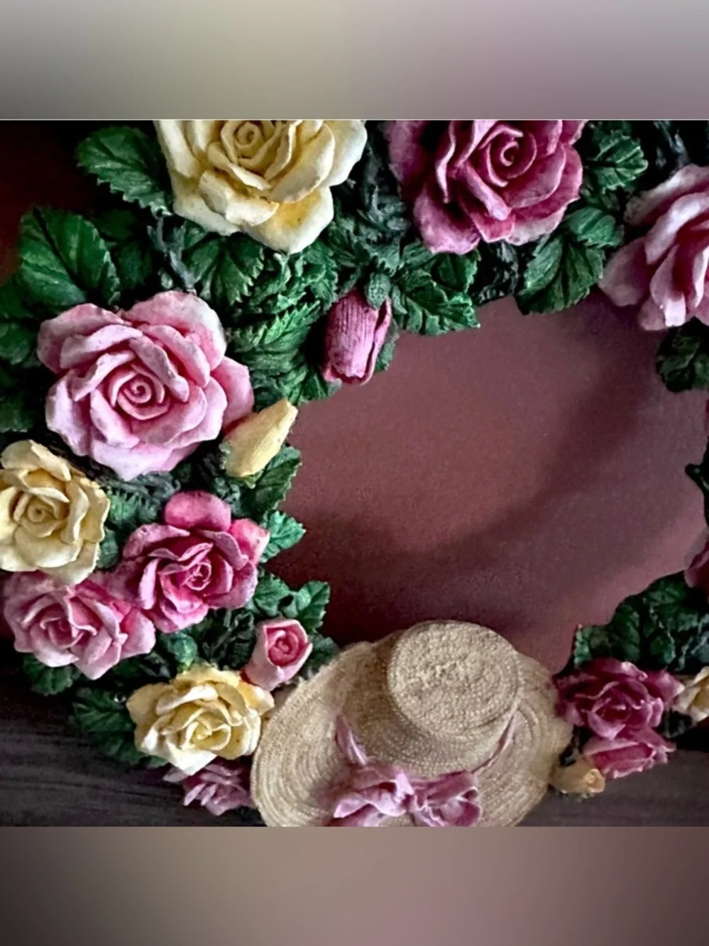 Vintage Roses & Hat Ceramic Wreath Door Hanging Plaster Handpainted Cottage Boho